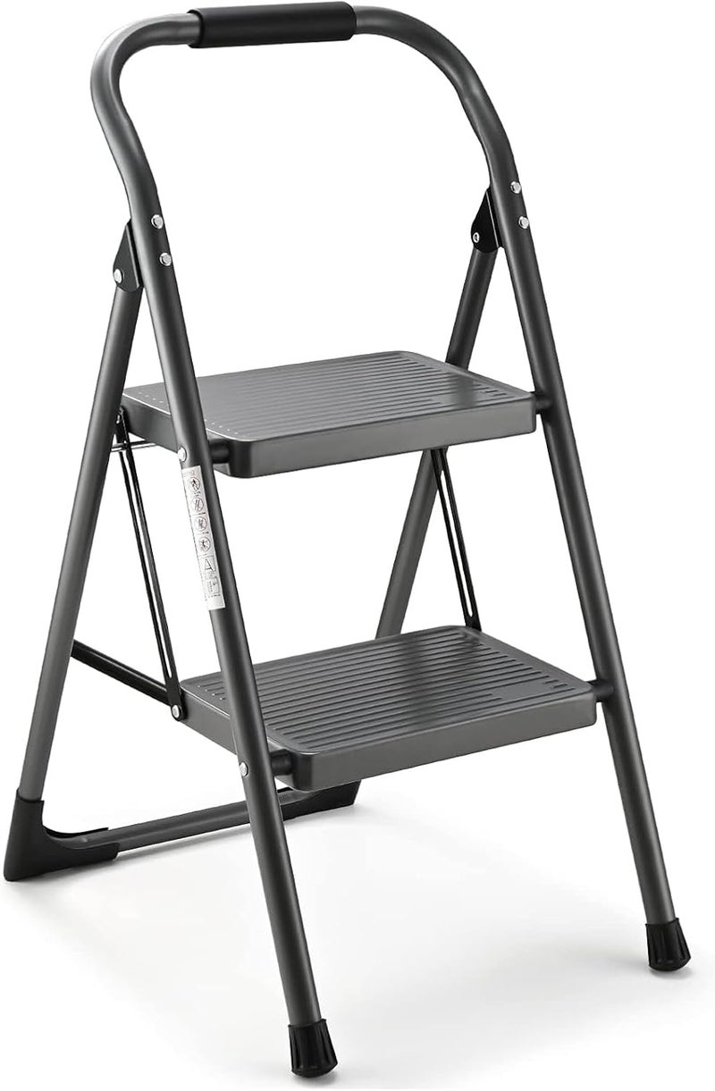 ASPERLAD Step Stool for Adults,2 Step Ladder Folding 330lbs Anti Slip Step Stool,Foldable Ergonomic 2 Steel Stool with Wide Pedal for Home, Kitchen, Office (Gray) - Image 1